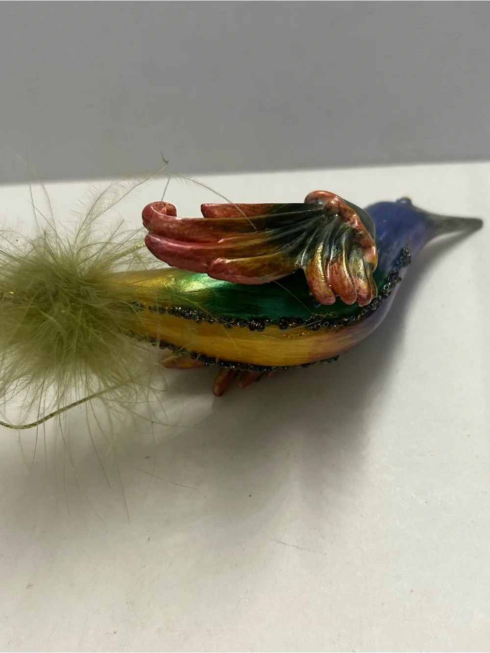 Iridescent Bird Ornaments Hummingbird with Feathered and Beaded Tails Vintage
